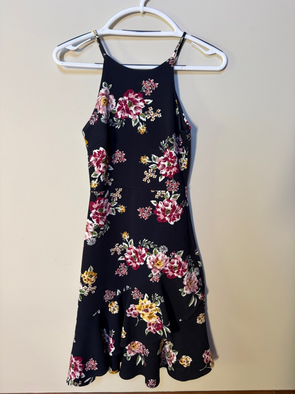 Aqua Navy Floral Midi Dress with Pink and Yellow Blooms